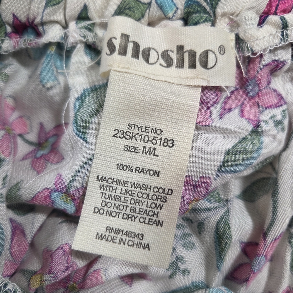 shosho White Floral Maxi Skirt A line  Small Pink & Green Print Boho Layered - Picture 3 of 9